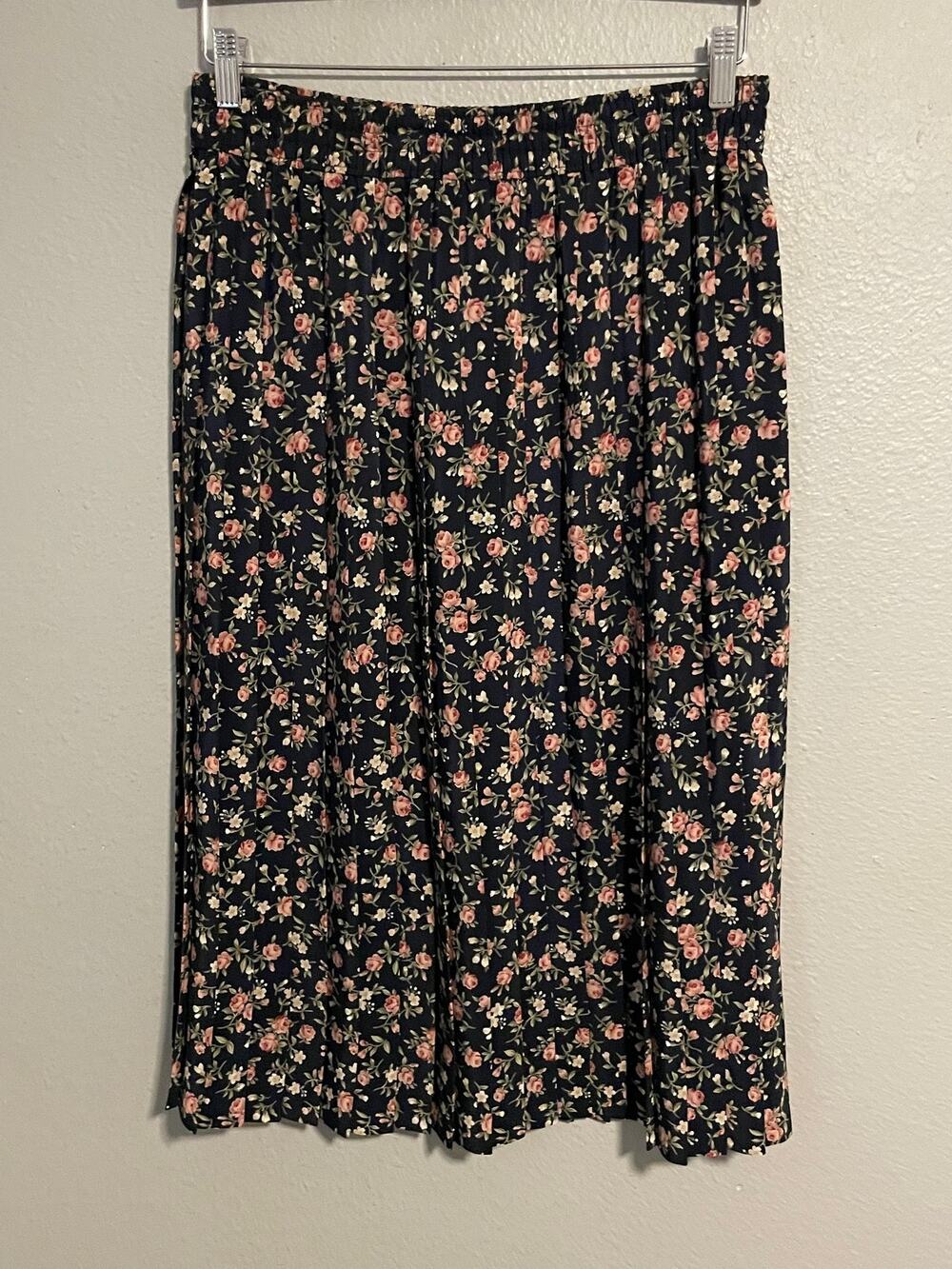 Womens Midi Skirt Size 16 Navy Pleated Floral Pull On Cottagecore Prairie